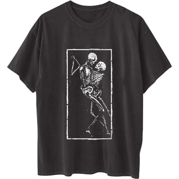 Boho Skeleton Love Graphic Printed Oversized T Shirt Short Sleeve Tee Top - Picture 4 of 7